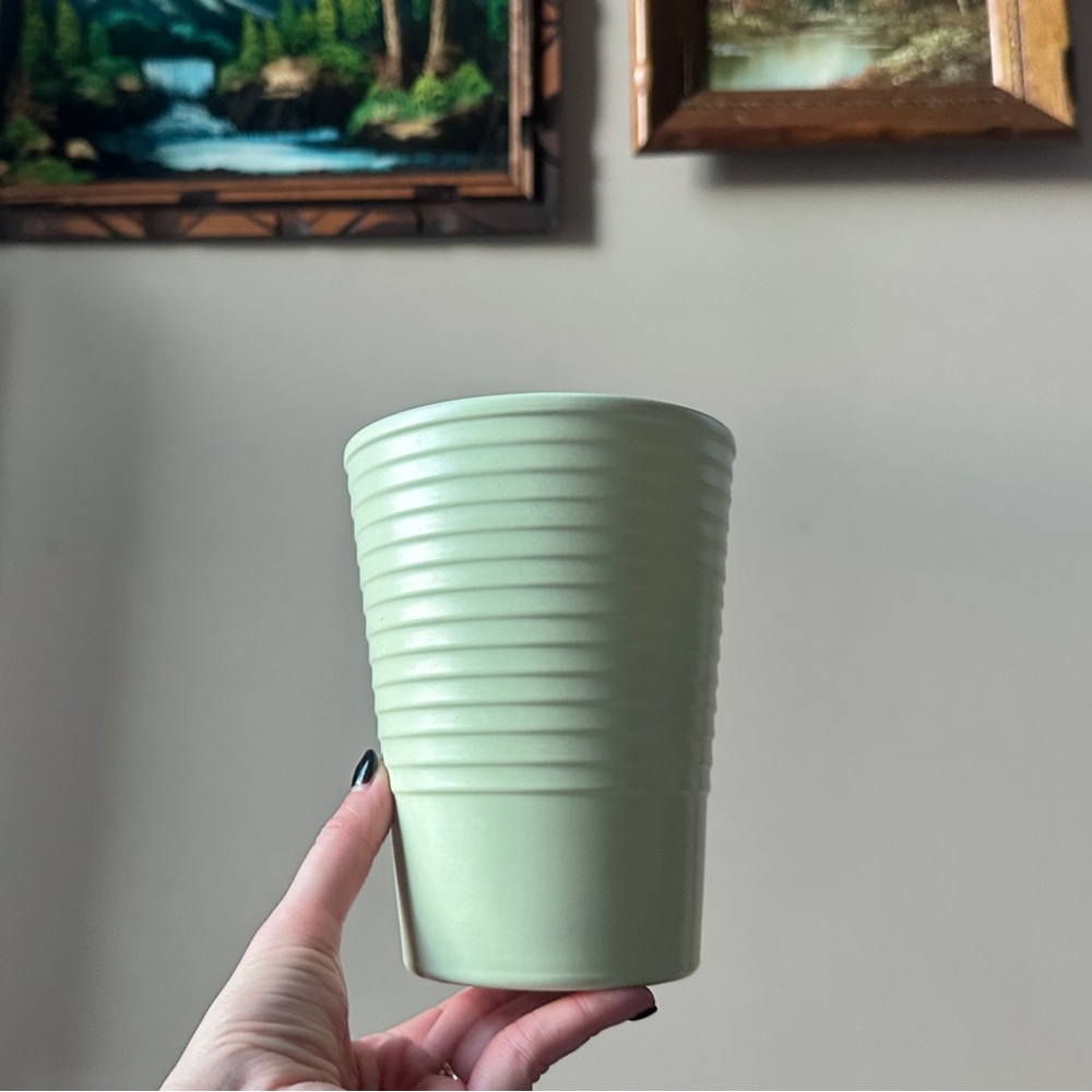 Vintage Mint Green Ceramic Flower Vase Made in Germany Ribbed Pottery - Picture 2 of 5